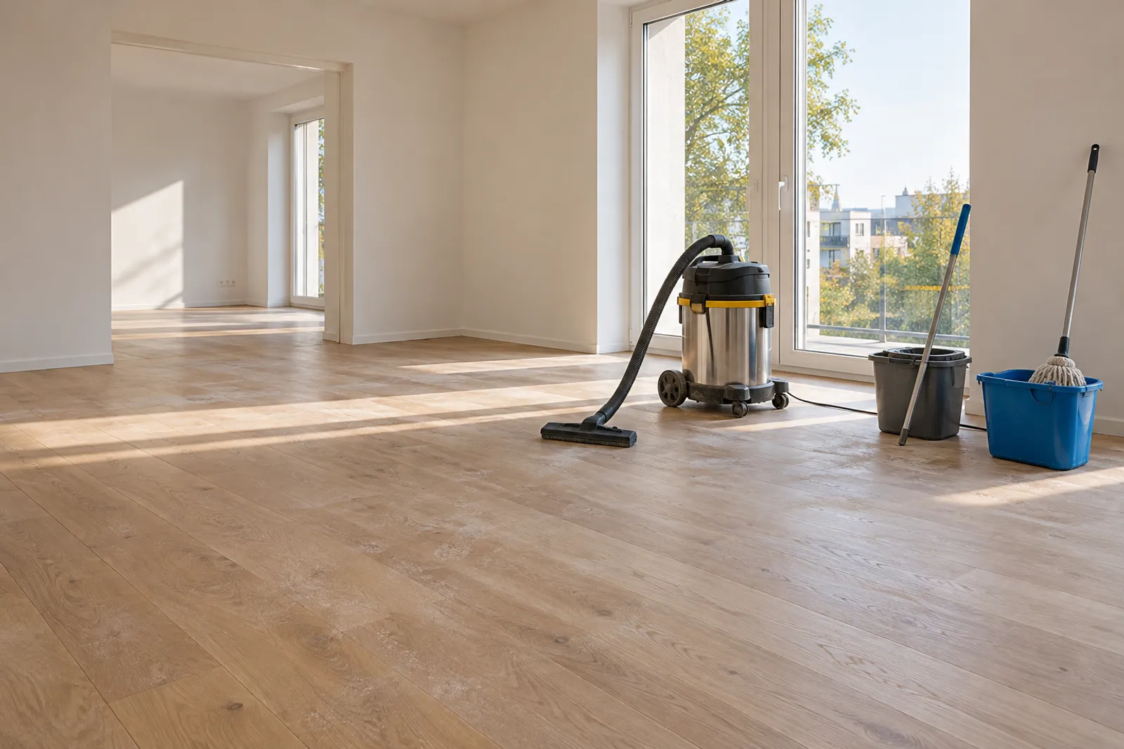 Echipament de curățenie într-un apartament după renovare