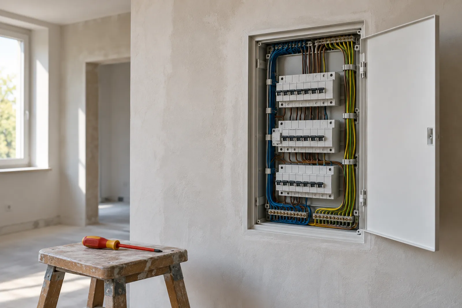 Tablou electric deschis în timpul refacerii instalației dintr-un apartament