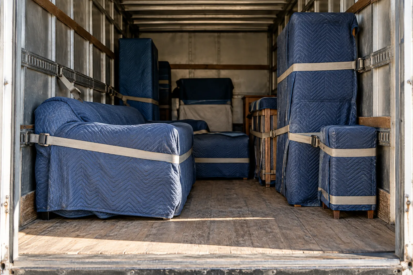 Mobilă ambalată și fixată în camionul de mutări