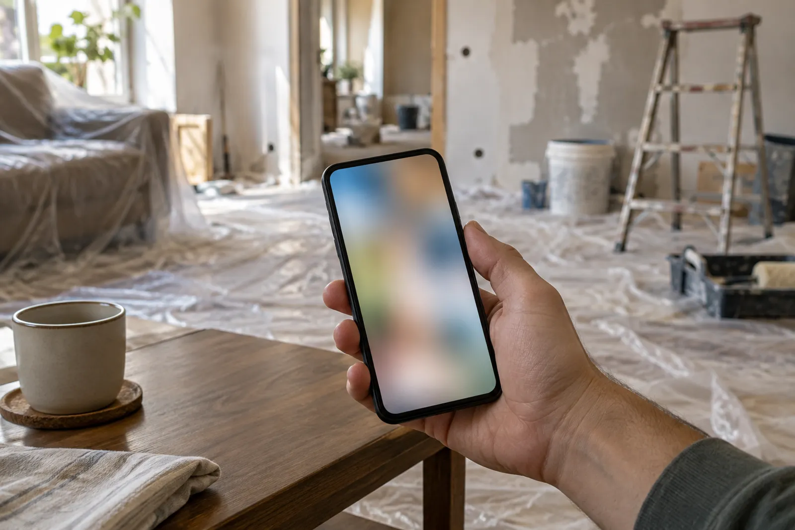 Completarea unei cereri de ofertă de pe telefon, într-o cameră în renovare