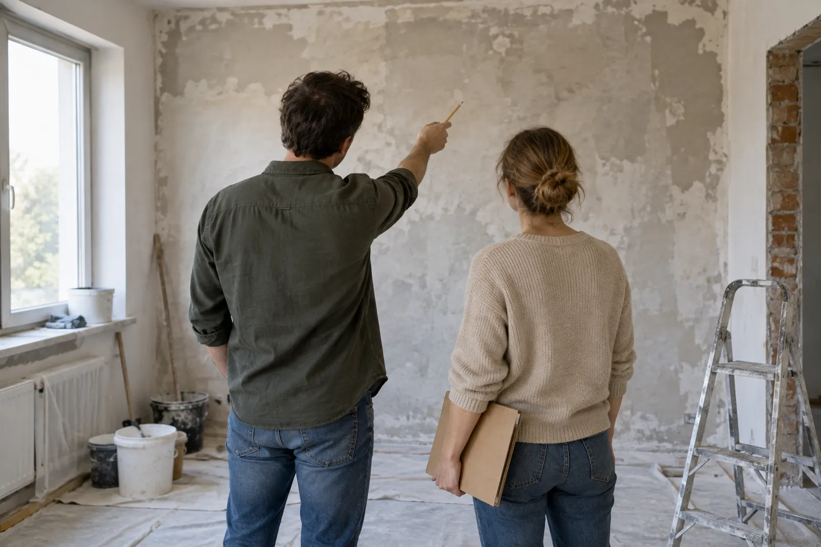 Discuție cu un prestator despre lucrare, într-o cameră în renovare